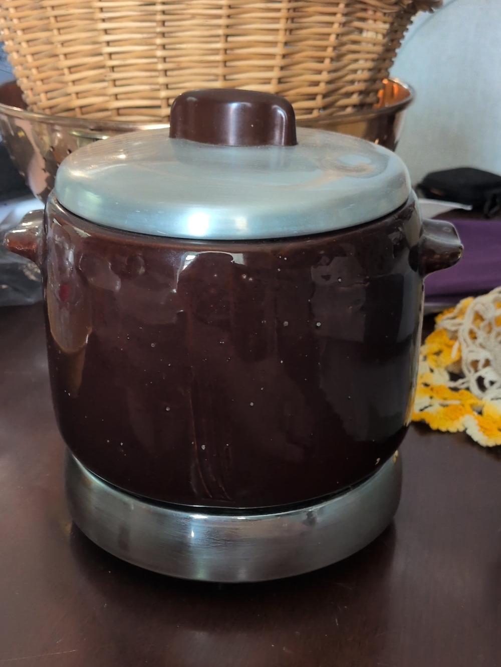 Brown Ceramic Covered Beanpot Casserole with Stainless Lid and Base